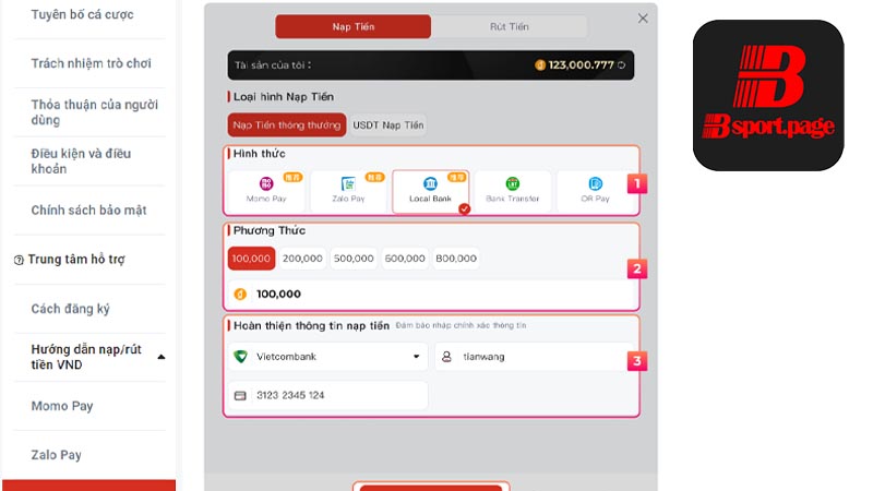 Cách nạp tiền Bsport